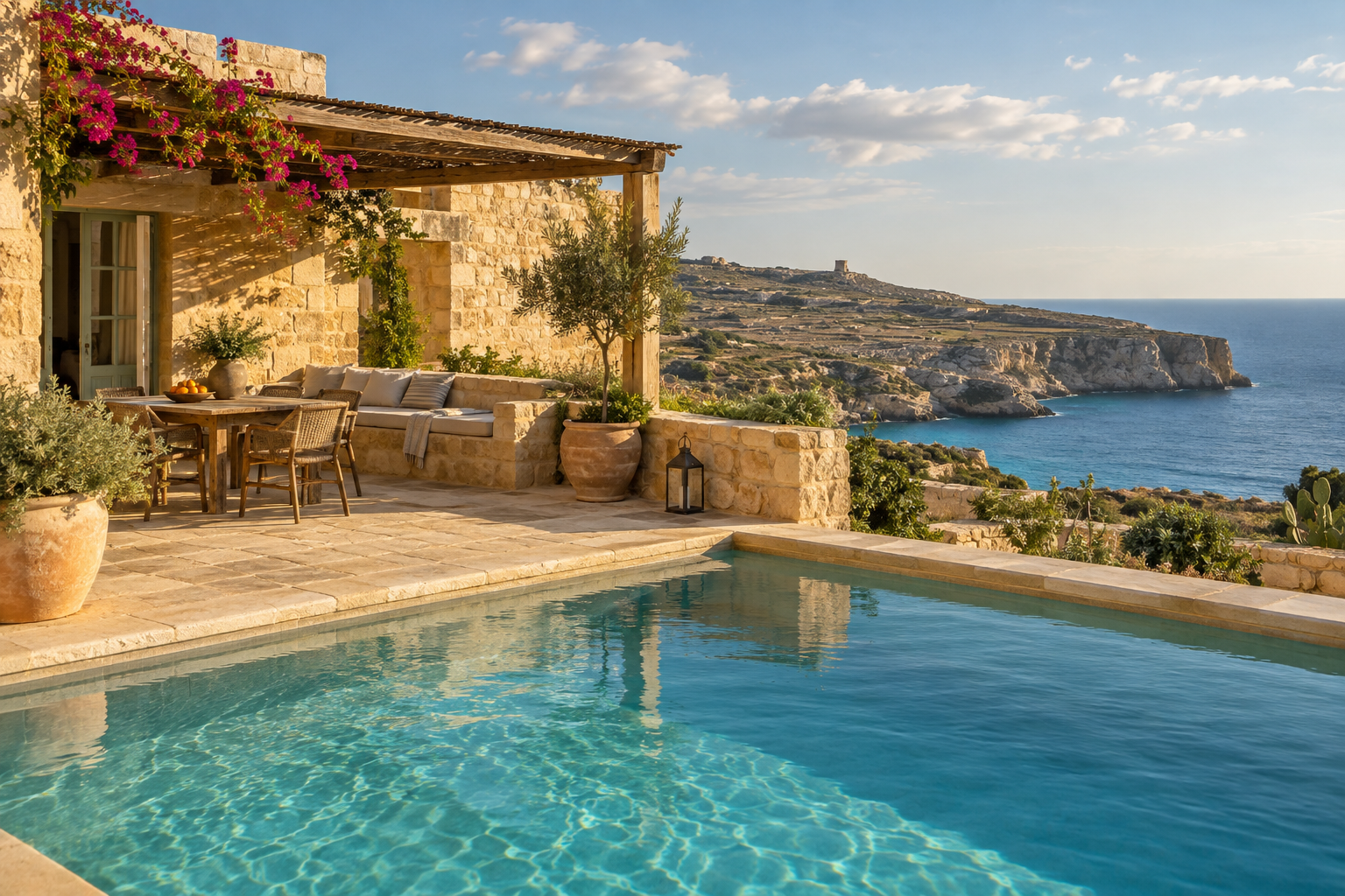Kamienny farmhouse na Gozo z widokiem na morze